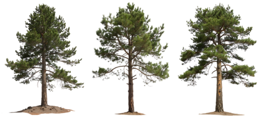 Three tall pine trees are shown from different angles. The bright green needles contrast with the brown bark of each tree, creating a peaceful scene against a clear background.