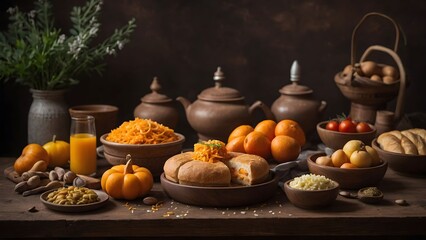 Rich spread of traditional food with fresh fruits and vegetables arranged beautifully on a rustic wooden table with pottery Generative AI