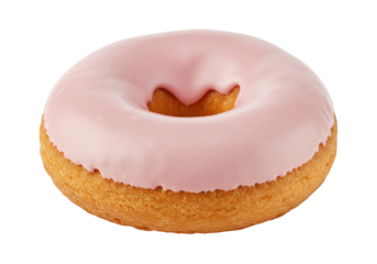 Pink frosted donut isolated, sweet treat with a hole in the middle for dessert or breakfast on a transparent background