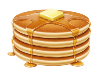 Stack of four pancakes with butter and syrup isolated, breakfast food on transparent background for restaurant menu and recipe design