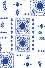 pattern inspired by traditional Portuguese Azulejo and Greek folk art. Features stylized fish, floral elements, and decorative tile designs, perfect for textiles, backdrops, and home decor packaging.