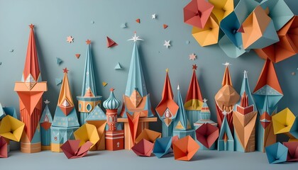 Colorful paper towers and decorations create a playful scene reminiscent of a magical city at a lively festival Generative AI
