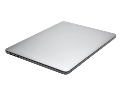 A sleek, silver laptop with a minimalist design, showcasing its smooth surface and slim profile.