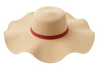 Elegant straw sun hat with red ribbon isolated on transparent background, fashionable summer headwear for beach vacation and sun protection