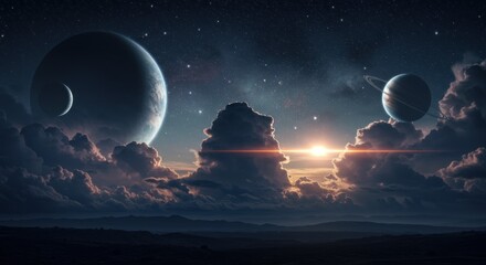 Cosmic Landscape With Planets Moons Stars And Clouds At Sunset With Lens Flare