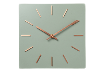 Square mint green wall clock with copper hands isolated, modern timekeeping device for home decor and interior design