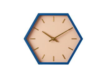 Hexagon wall clock isolated on white, blue frame with gold hands and markers, modern timekeeping for home decor