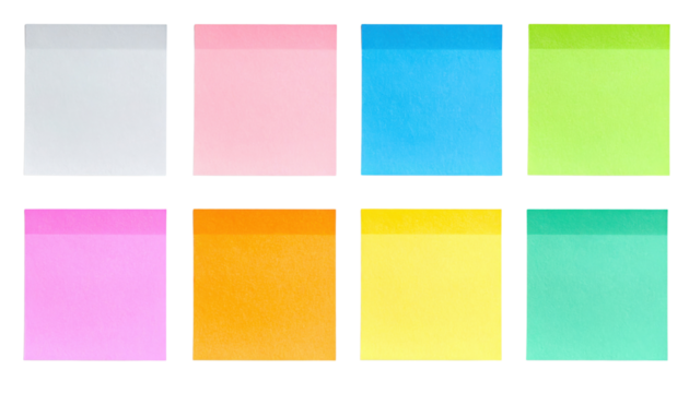 Colorful sticky notes arranged in a grid, featuring various pastel shades including pink, blue, green, yellow, and orange.