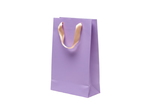 Elegant lavender gift bag isolated on white, stylish paper shopping bag with ribbon handles for retail and special occasions