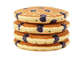 Stack of four blueberry pancakes isolated, delicious breakfast food on a plain background
