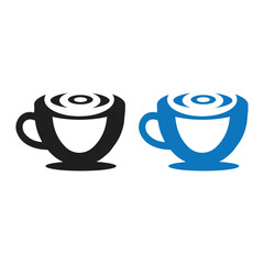 Dual coffee cups logo vector art of two stylized coffee cups, one black and one blue, with concentric circles in the steam, isolated on a