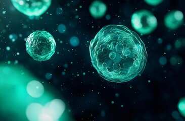 Teal cells float in dark field, bokeh effect