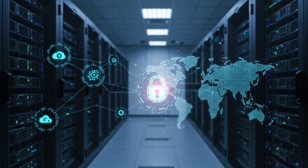 Data Center Servers Network Security Global Connection Digital Map Futuristic Technology Glowing Icons Blue Tones