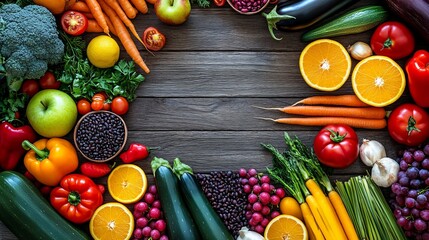 Colorful fresh produce arranged on a wooden surface
