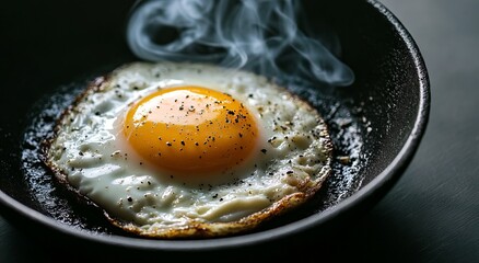 Fried egg in a hot pan, steaming