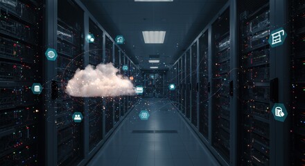 Digital Cloud Computing Network in Server Room with Glowing Icons and Data Flow