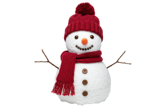 Festive snowman with red hat and scarf isolated on transparent background, winter holiday decoration in PNG format - Powered by Adobe