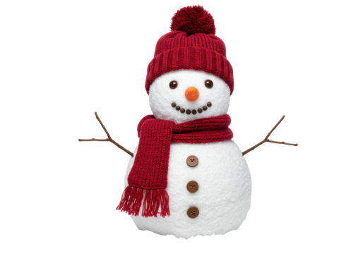 Festive snowman with red hat and scarf isolated on transparent background, winter holiday decoration in PNG format