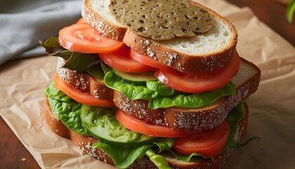 Fresh vegetable sandwich stacked high on whole grain bread with crunchy lettuce, juicy tomatoes, and slices of cucumber served on a rustic wooden table in natural light Generative AI