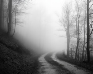 Foggy forest road winds through trees