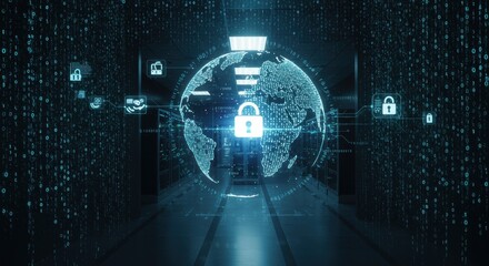 Digital Globe With Security Lock And Binary Data Flowing In Dark Tunnel Environment