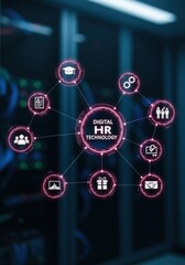 Digital HR Technology Network Connecting Human Resources Concepts With Data Centers Background With Blue Lights
