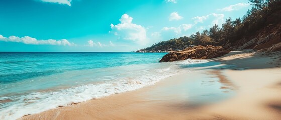 Sunny beach scene with turquoise water and sandy shore