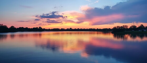 Serene lake at sunset, vibrant colors reflected