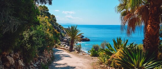 Coastal path winding through lush vegetation, Mediterranean landscape