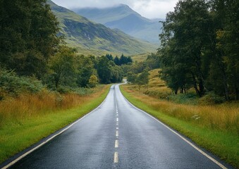 Winding road through a Scottish valley, rain-slicked asphalt, lush greenery
