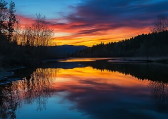 Sunset over a tranquil river, vibrant colors reflected