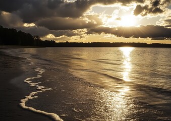 Golden sunset over a tranquil lake shore