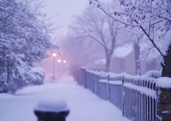 Snowy, purple-toned street scene