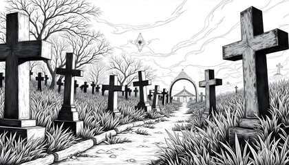 Cemetery landscape with crosses and a small structure surrounded by trees under a cloudy sky in black and white line art style Generative AI