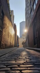 Narrow city alleyway, sunbeams, and urban buildings