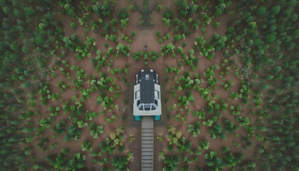 Cozy cabin surrounded by lush green trees in a serene forest setting during daytime Generative AI