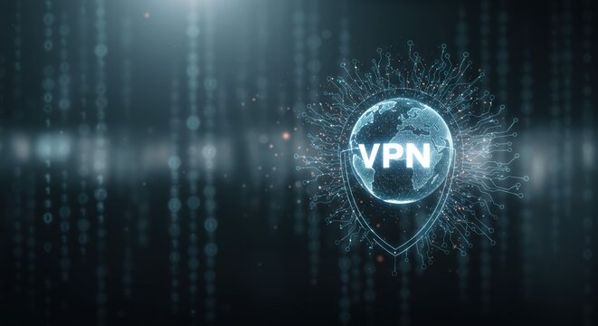 Digital VPN network security shield protecting data in abstract binary code background with blue light