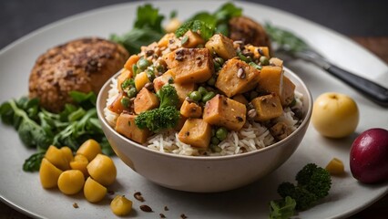Colorful vegetable bowl served with rice and garnished with fresh herbs, featuring squash, peas, and broccoli Generative AI