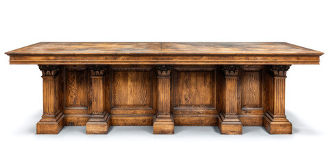 Antique oak dining table with carved pedestal legs on white background