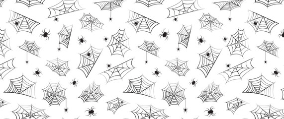 Halloween spider web seamless pattern, cobweb doodle background. Scary silhouettes decoration bg, spooky black simple banner, mystical graphic print. Repeat vector illustration