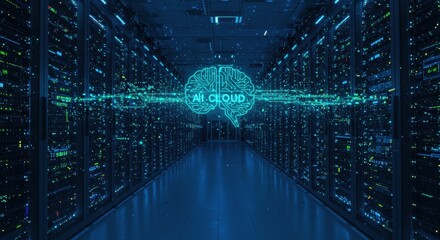 Futuristic Digital Data Center Server Room With Glowing Blue Lights And AI Brain Visualization