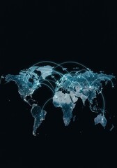 Global network connections across the illuminated world map at night with glowing blue lines on a dark background