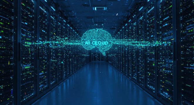 Futuristic Digital Data Center Server Room With Glowing Blue Lights And AI Brain Visualization