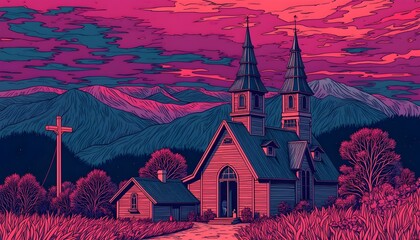 Church nestled among mountains at sunset with vibrant pink and purple skies showcasing a serene rural landscape Generative AI