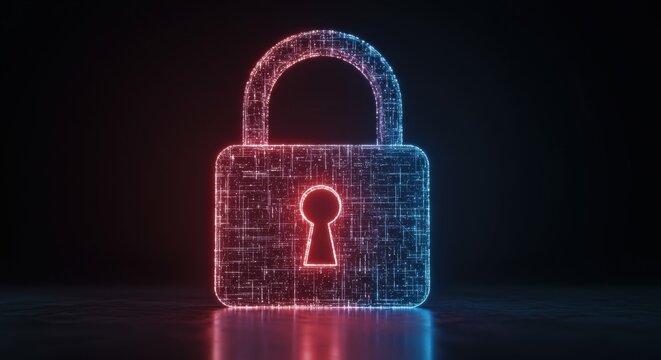 Glowing Digital Padlock Icon With Cyberpunk Neon Blue And Red Lights On Dark Background