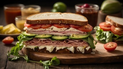 Delicious stacked sandwich with layers of meat, vegetables, and spreads served on a wooden cutting board Generative AI