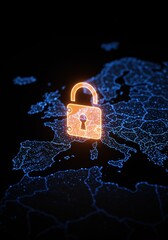 Glowing Orange Padlock Icon Over Illuminated Map of Europe Grid Network Dark Background Digital Security Concept