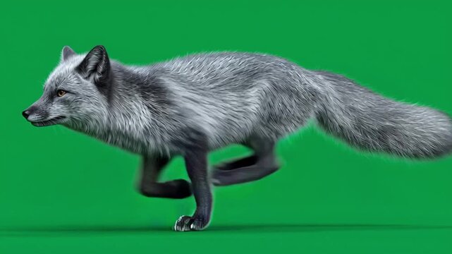Silver fox running across a green screen with its fur blowing in the wind and legs extended out green screen video