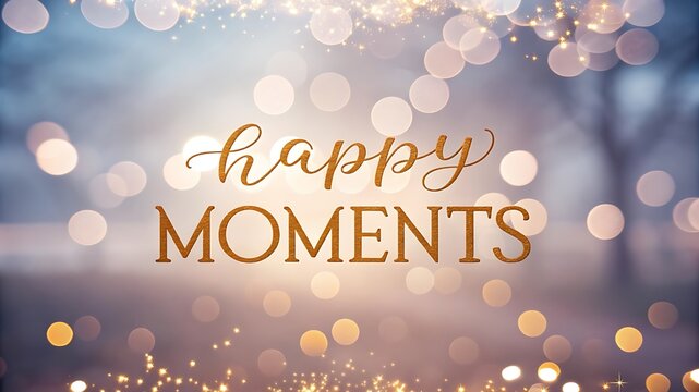 Golden happy moments text overlay on bokeh lights background