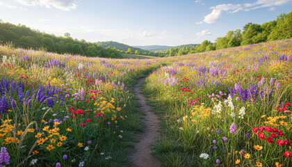 Obraz premium A vibrant wildflower field with a winding path under a clear blue sky, showcasing a mix of colorful blossoms and lush greenery.